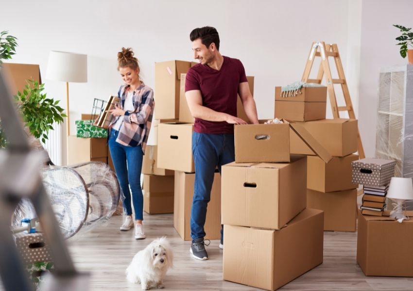 Two prosper tenants move in to a landlord's rental property, as they unpack ten or more cardboard boxes.